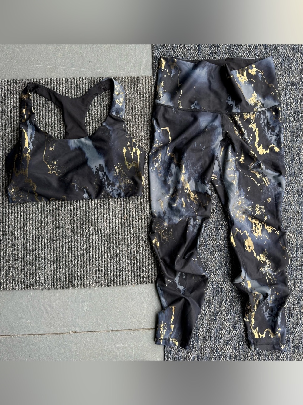 Old Navy Black Leggings & Sports Bra with Gold Marble Print